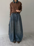 Curved Balloon Wide Denim Pants Mid Blue
