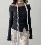 Slit Ribbed Off-Shoulder T-Shirt