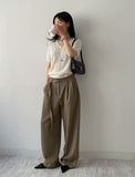 Marron Belted Two-Tuck Wide Slacks