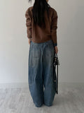 Curved Balloon Wide Denim Pants Mid Blue