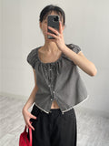 Lace Check Cap Sleeve Blouse