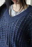 Net openwork v-neck knit