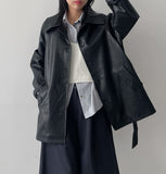 Lape Belted Half Leather Coat