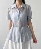 Chief Strap Pintuck See-through Short Sleeve Shirt