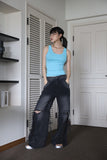 Knee slit strap denim