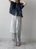 Gray cat-washed straight wide denim