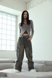 Washed fold cargo denim