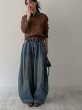 Curved Balloon Wide Denim Pants Mid Blue