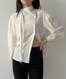 Unbalanced One-Tie Puff Blouse
