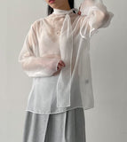 [Tie Set] See-through High Neck Overfit Blouse