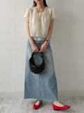 Deep Slit Cotton Long Denim Skirt (Light Wash)