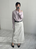 Deep Slit Cotton Long Denim Skirt
