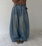 Curved Balloon Wide Denim Pants Mid Blue