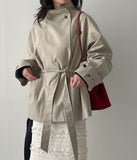 High-neck belted half trench coat