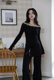 Eyelet off-shoulder slim tee