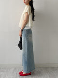 Deep Slit Cotton Long Denim Skirt (Light Wash)