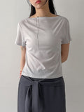 Rose Ribbed Boat Neck Short Sleeve T-shirt
