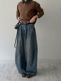 Curved Balloon Wide Denim Pants Mid Blue