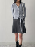 [Tie SET] Padded V-neck Pin Tuck Blouse