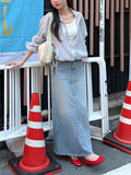 Deep Slit Cotton Long Denim Skirt (Light Wash)