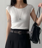Ribbed Cap Sleeve Knit T-Shirt