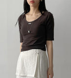 Pintuck U-Neck Elbow Length T-Shirt