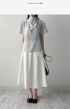 Pleated Tie Short Sleeve Blouse