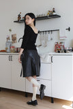 Two-belted leather midi skirt