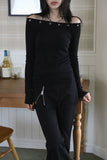 Eyelet off-shoulder slim tee
