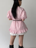 [Short sleeve.ver] Frill Stripe Loose Fit Blouse
