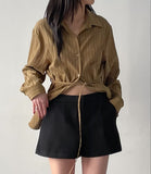 Herringbone Belted Loose-Fit Blouse