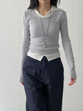 Jade Color Matching Collar Knit T-Shirt