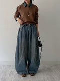 Curved Balloon Wide Denim Pants Mid Blue