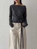 Boat Neck Shirring Wrap T-Shirt