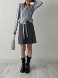 [Tie SET] Padded V-neck Pin Tuck Blouse