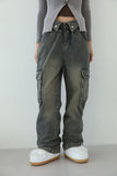 Washed fold cargo denim