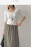 Pintuck U-Neck Elbow Length T-Shirt
