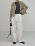 Modern collarless short leather jacket