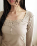 [MADE] Newbe Lace Point Button Ribbed Long Sleeve T-Shirt