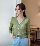Hennua Half-Button See-Through Ribbed Cardigan