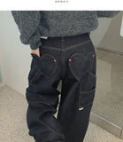Heart Back Pocket Raw Non-fade Carpenter Balloon Wide Denim Pants