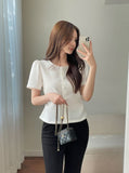 Nahen Round Neck Shirred Puff Blouse