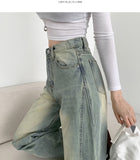 Cut V-Line Washing Vintage Wide Balloon Denim Pants