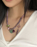 Hinning Heart Pendant Flower Bead Necklace