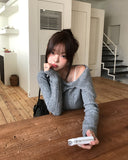 Kishi Ribbed Slit Off-Shoulder Knit