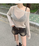 Loose-Fit Boat Neck Mesh Long Sleeve Knit