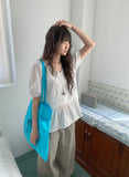 Munil Stripe V-Neck Half Button Blouse