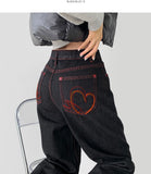Raw Unique Red Stitch Heart Point Embroidery Wide Denim Pants