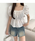 Summer Ribbon Puff Balloon Short Sleeve Flare Blouse
