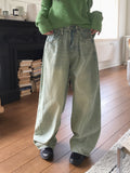Kibe Side Pintuck Balloon Fit Vintage Washing Long Wide Denim Pants